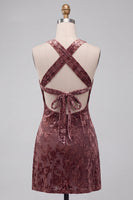 Load image into Gallery viewer, Khaki Floral Velvet Halter A Line Mini Cocktail Dress