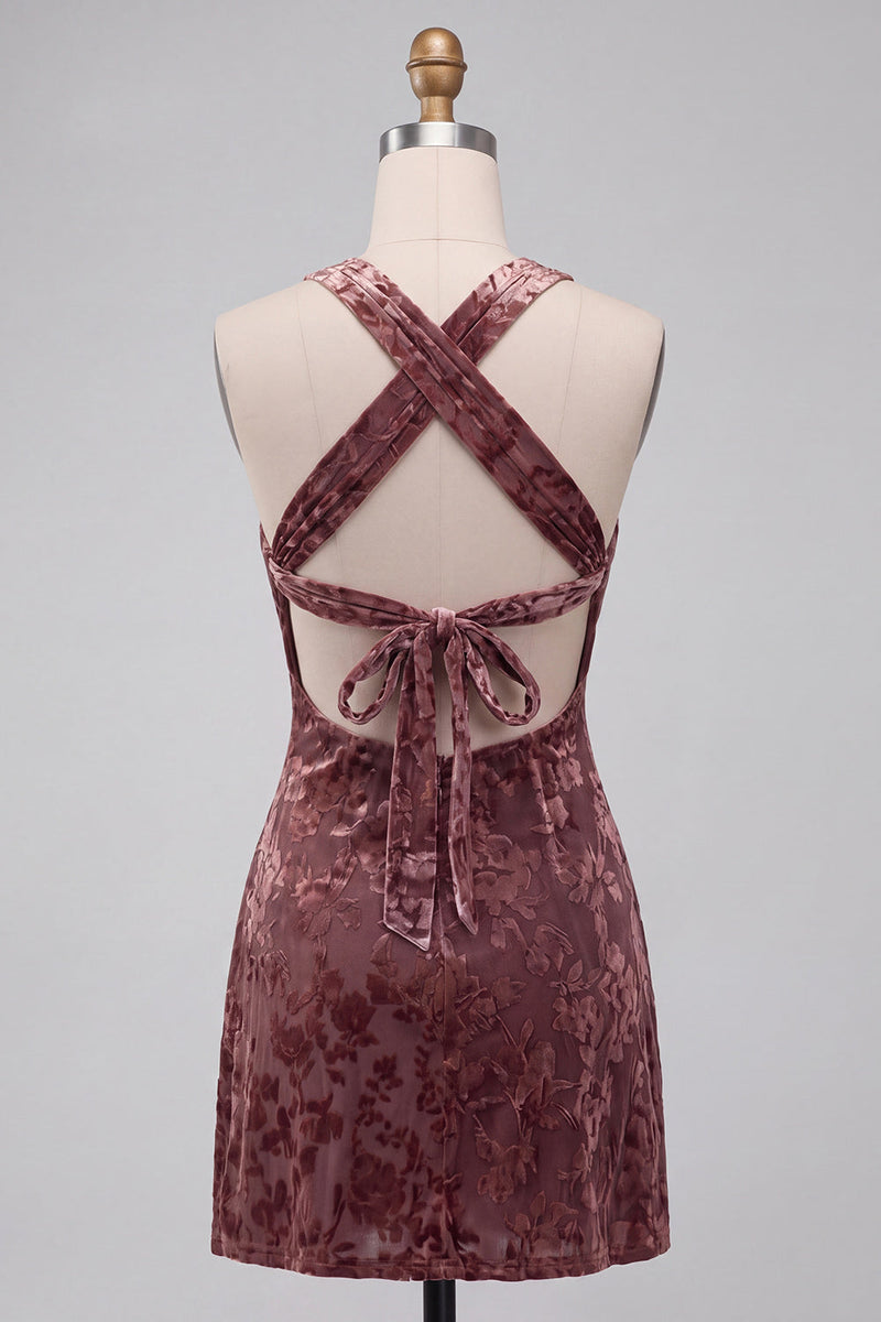 Load image into Gallery viewer, Khaki Floral Velvet Halter A Line Mini Cocktail Dress