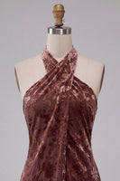 Load image into Gallery viewer, Khaki Floral Velvet Halter A Line Mini Cocktail Dress