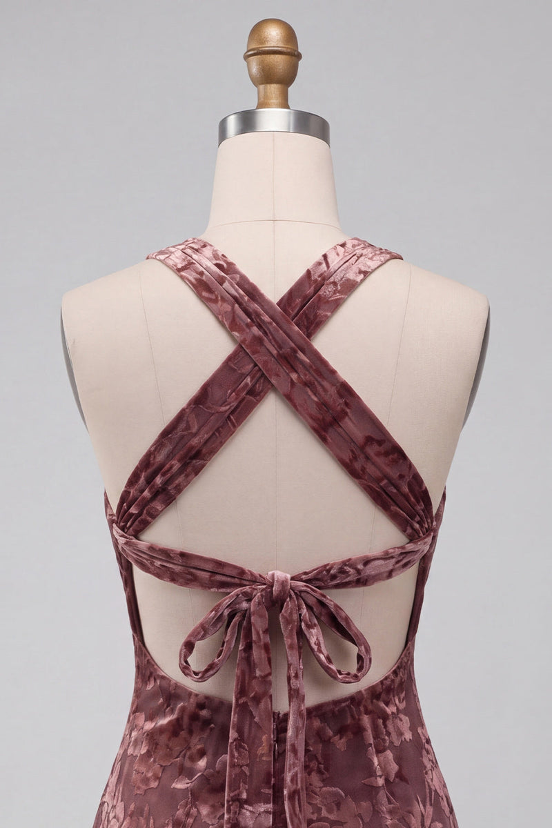 Load image into Gallery viewer, Khaki Floral Velvet Halter A Line Mini Cocktail Dress