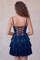 Load image into Gallery viewer, Navy Velvet Ruffled Cowl Neck Corset Short Cocktail Dress