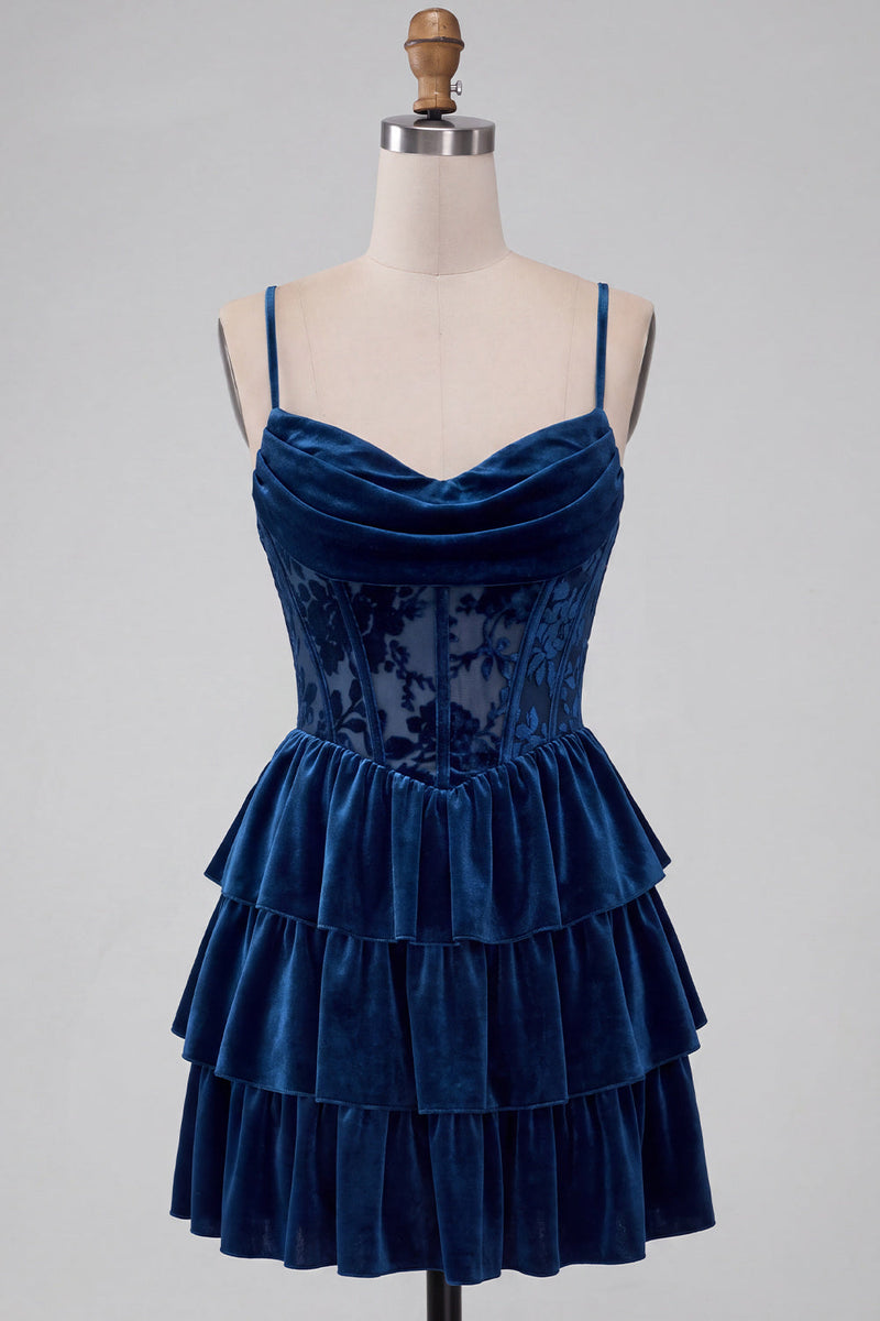 Load image into Gallery viewer, Navy Velvet Ruffled Cowl Neck Corset Short Cocktail Dress