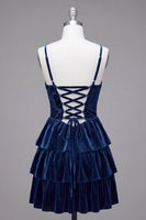 Load image into Gallery viewer, Navy Velvet Ruffled Cowl Neck Corset Short Cocktail Dress