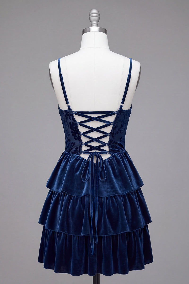 Load image into Gallery viewer, Navy Velvet Ruffled Cowl Neck Corset Short Cocktail Dress