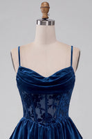 Load image into Gallery viewer, Navy Velvet Ruffled Cowl Neck Corset Short Cocktail Dress