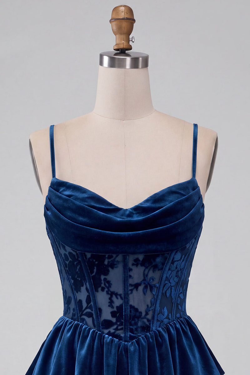 Load image into Gallery viewer, Navy Velvet Ruffled Cowl Neck Corset Short Cocktail Dress