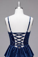 Load image into Gallery viewer, Navy Velvet Ruffled Cowl Neck Corset Short Cocktail Dress