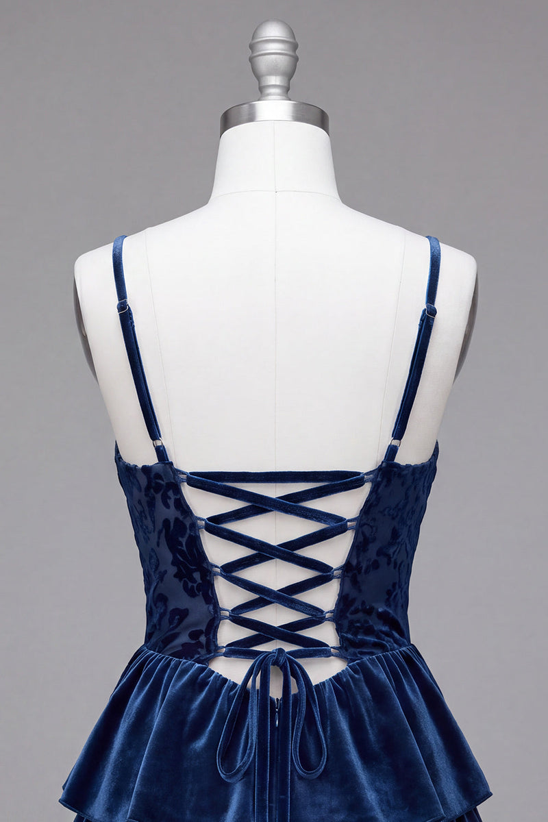 Load image into Gallery viewer, Navy Velvet Ruffled Cowl Neck Corset Short Cocktail Dress
