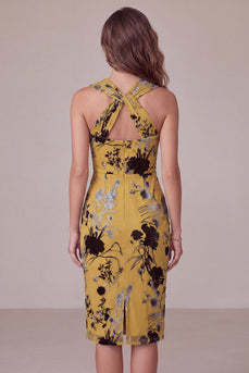 Floral Ginger Yellow Sheath Midi Cocktail Dress with Keyhole