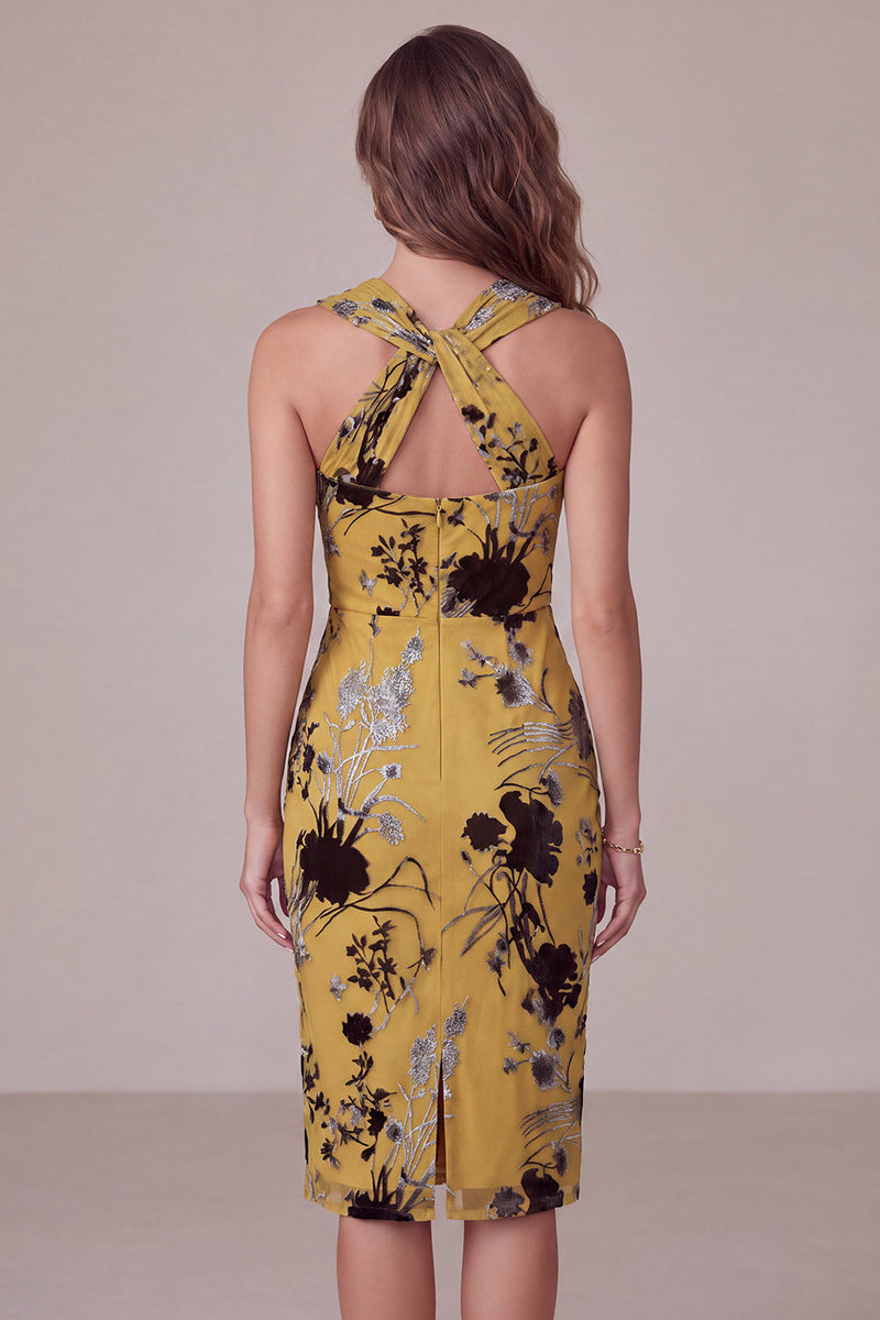Load image into Gallery viewer, Floral Ginger Yellow Sheath Midi Cocktail Dress with Keyhole