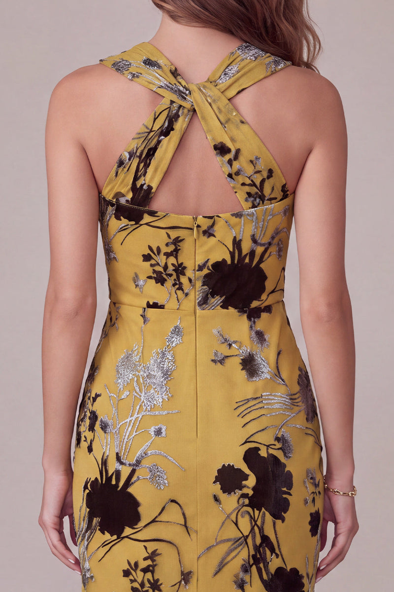 Load image into Gallery viewer, Floral Ginger Yellow Sheath Midi Cocktail Dress with Keyhole