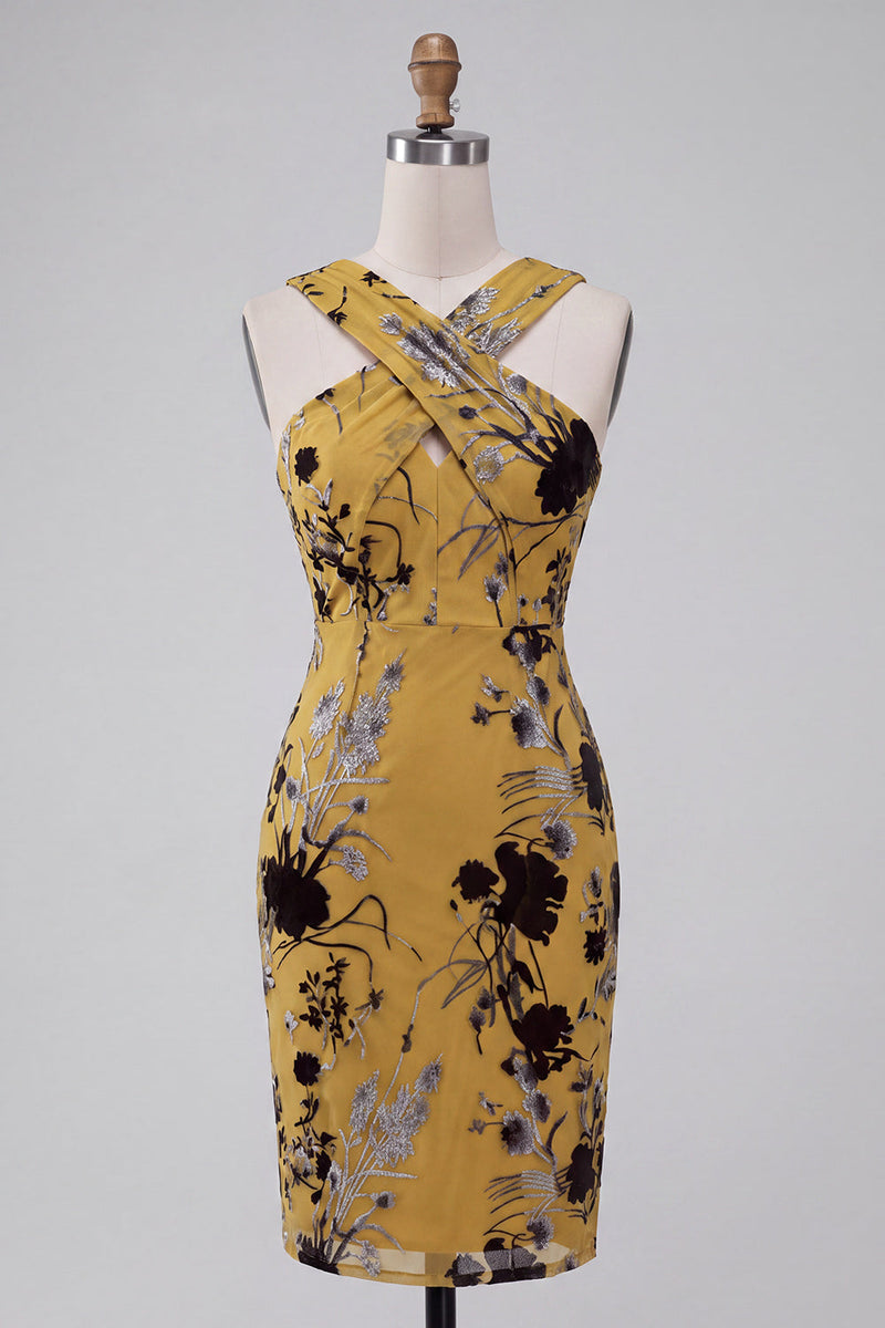 Load image into Gallery viewer, Floral Ginger Yellow Sheath Midi Cocktail Dress with Keyhole