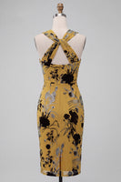 Load image into Gallery viewer, Floral Ginger Yellow Sheath Midi Cocktail Dress with Keyhole