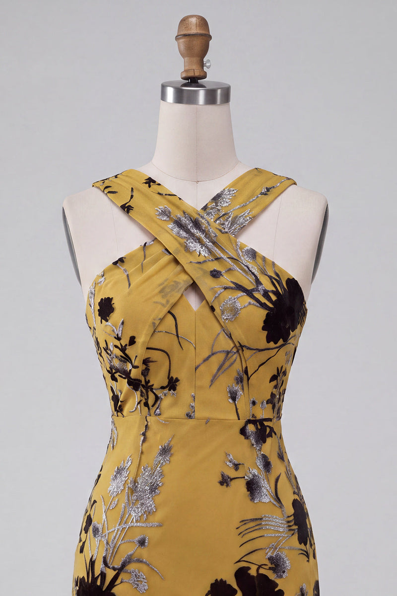 Load image into Gallery viewer, Floral Ginger Yellow Sheath Midi Cocktail Dress with Keyhole