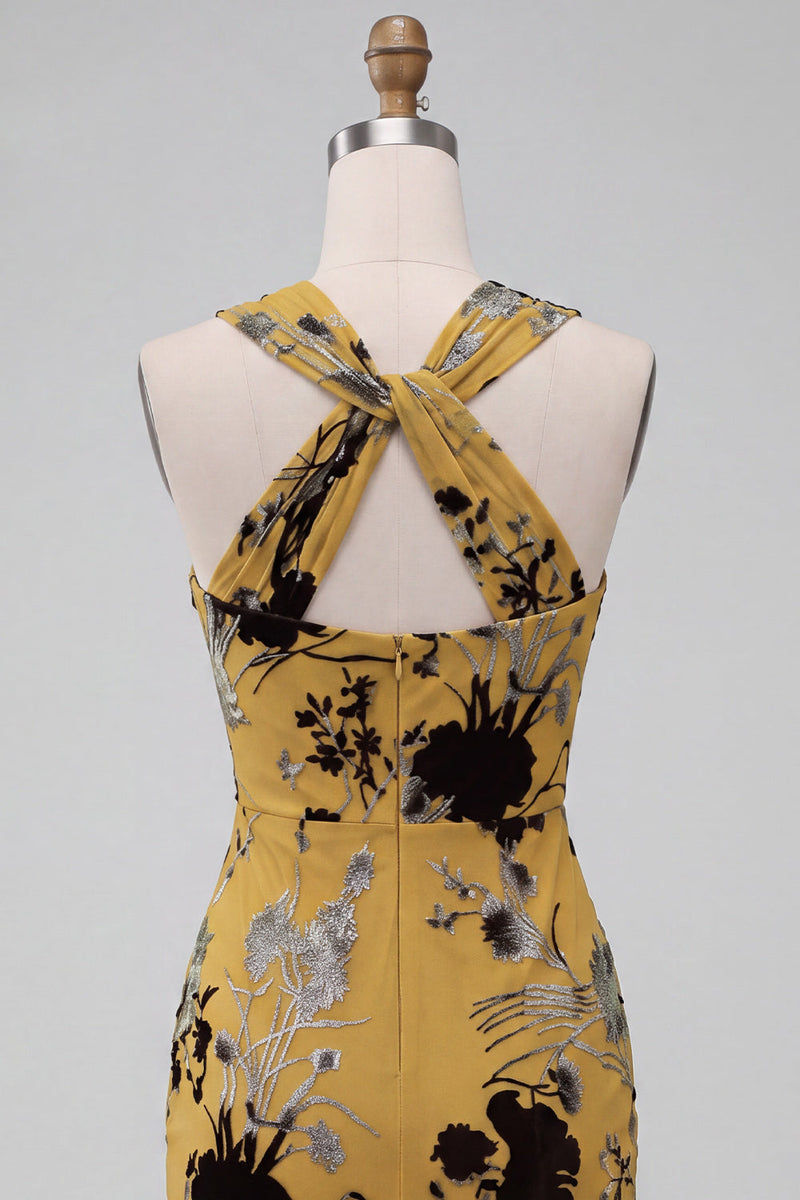 Load image into Gallery viewer, Floral Ginger Yellow Sheath Midi Cocktail Dress with Keyhole