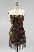 Load image into Gallery viewer, Black Floral Fringed Tight Strapless Short Cocktail Dress