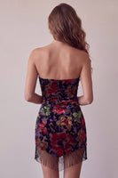 Load image into Gallery viewer, Black Floral Fringed Tight Strapless Short Cocktail Dress