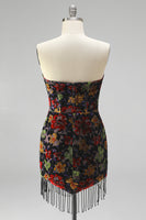 Load image into Gallery viewer, Black Floral Fringed Tight Strapless Short Cocktail Dress