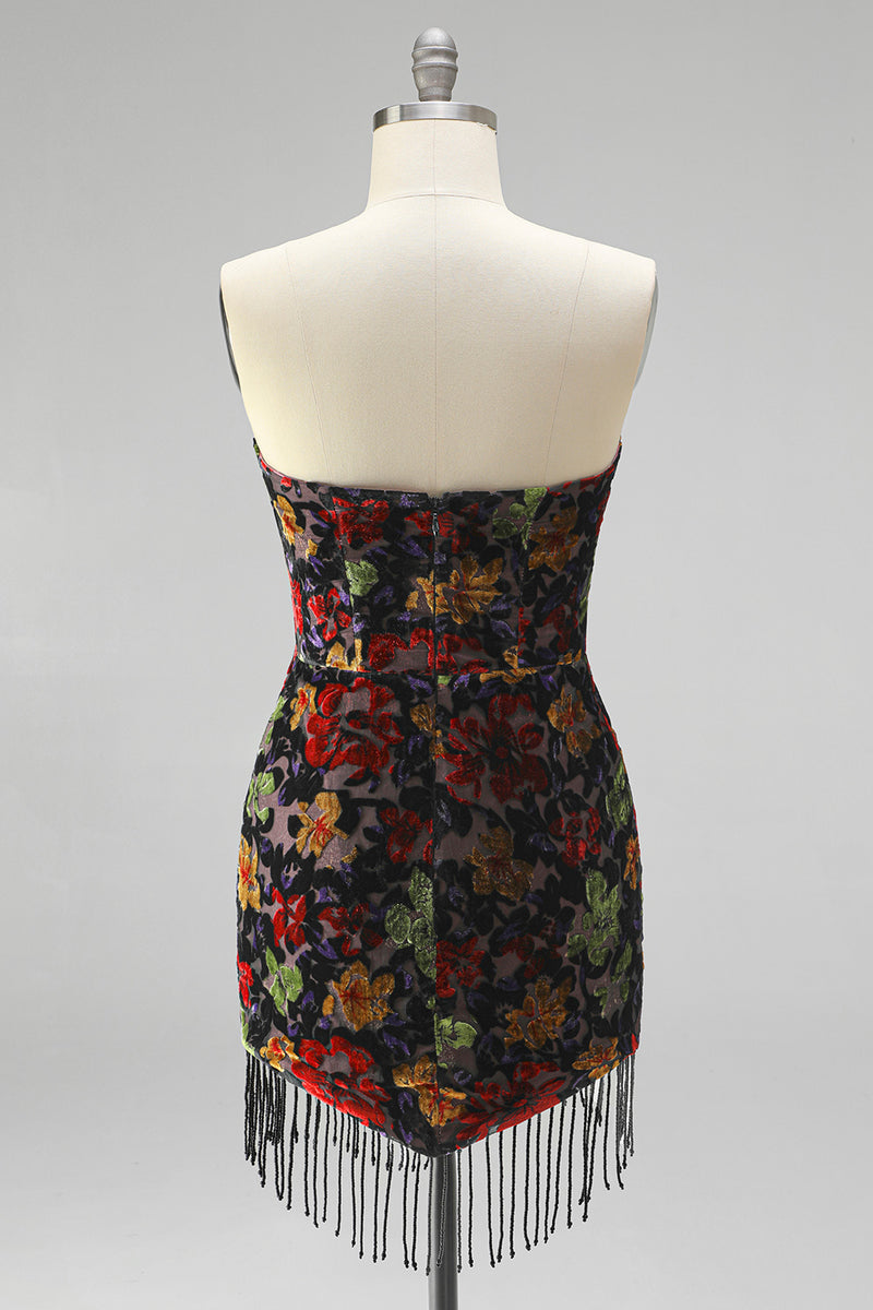 Load image into Gallery viewer, Black Floral Fringed Tight Strapless Short Cocktail Dress