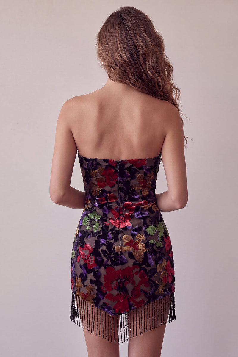 Load image into Gallery viewer, Black Floral Fringed Tight Strapless Short Cocktail Dress