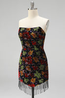 Load image into Gallery viewer, Black Floral Fringed Tight Strapless Short Cocktail Dress
