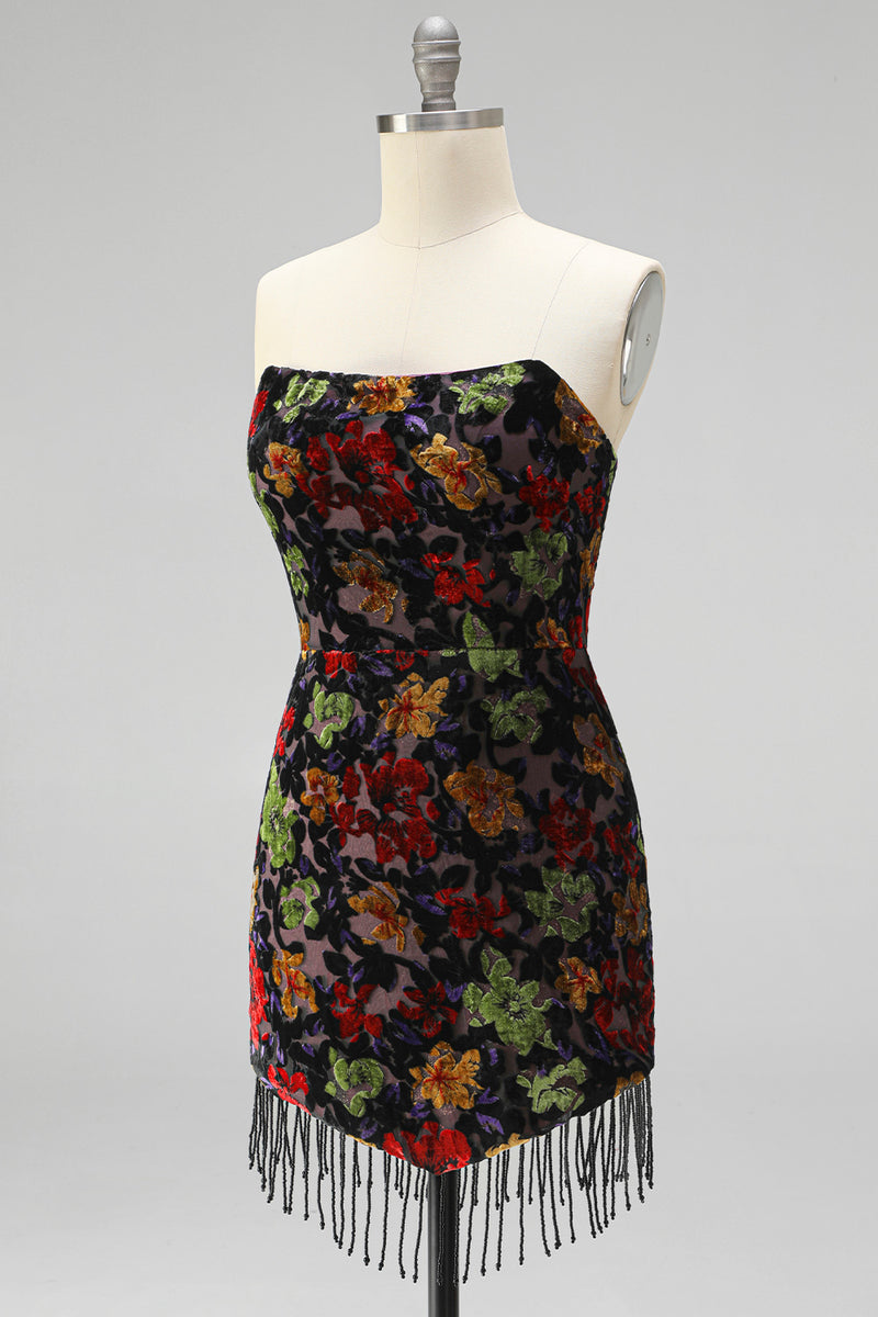 Load image into Gallery viewer, Black Floral Fringed Tight Strapless Short Cocktail Dress