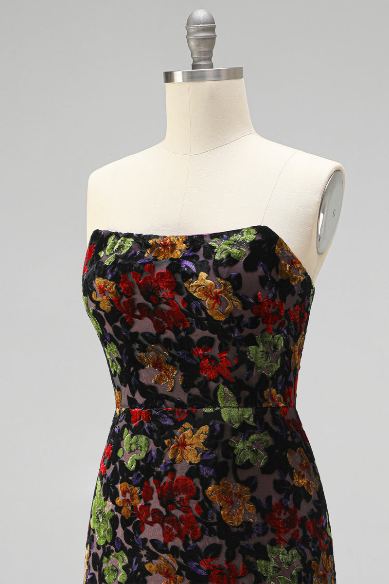 Load image into Gallery viewer, Black Floral Fringed Tight Strapless Short Cocktail Dress