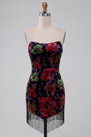 Load image into Gallery viewer, Black Floral Fringed Tight Strapless Short Cocktail Dress
