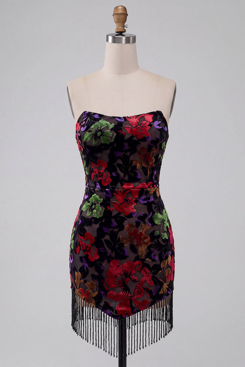 Load image into Gallery viewer, Black Floral Fringed Tight Strapless Short Cocktail Dress