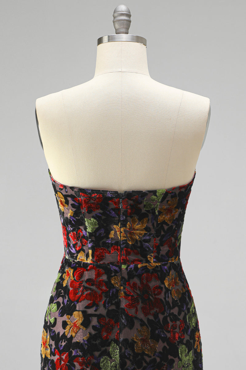 Load image into Gallery viewer, Black Floral Fringed Tight Strapless Short Cocktail Dress