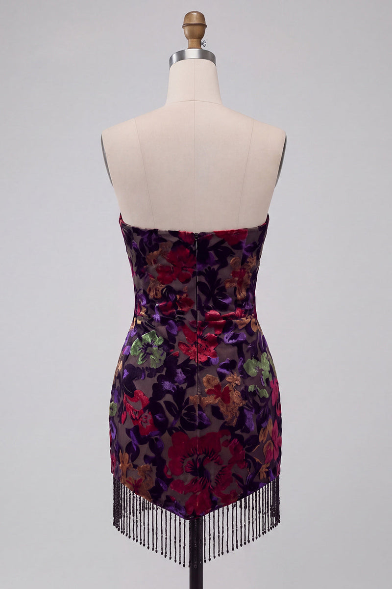 Load image into Gallery viewer, Black Floral Fringed Tight Strapless Short Cocktail Dress