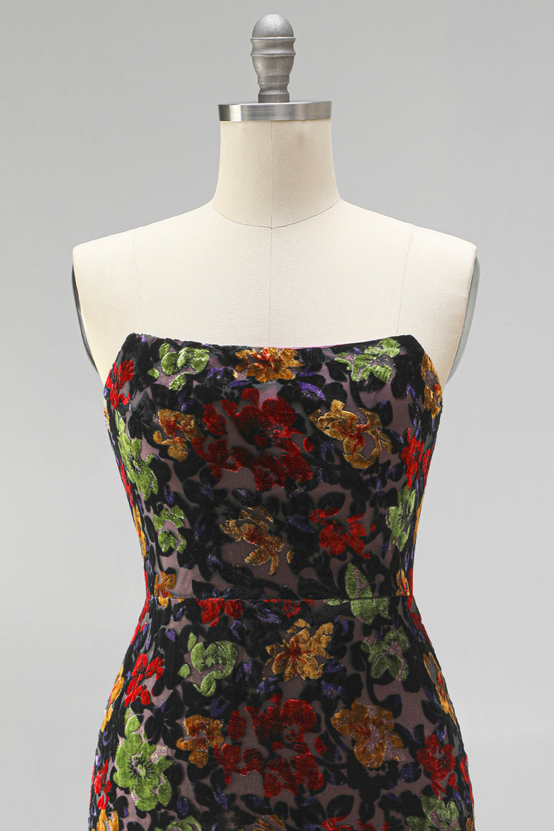 Load image into Gallery viewer, Black Floral Fringed Tight Strapless Short Cocktail Dress