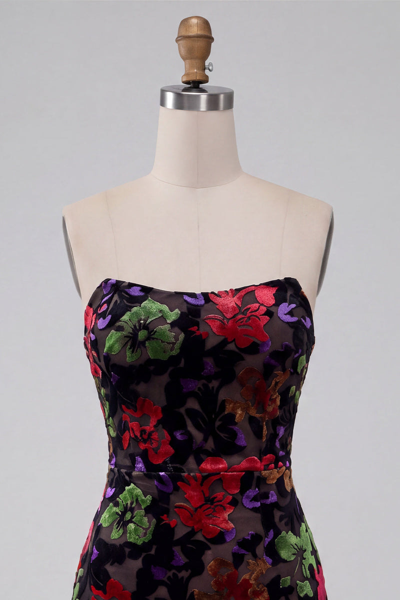Load image into Gallery viewer, Black Floral Fringed Tight Strapless Short Cocktail Dress