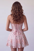 Load image into Gallery viewer, Sparkly Blush Sequin Floral A Line Mini Cocktail Dress