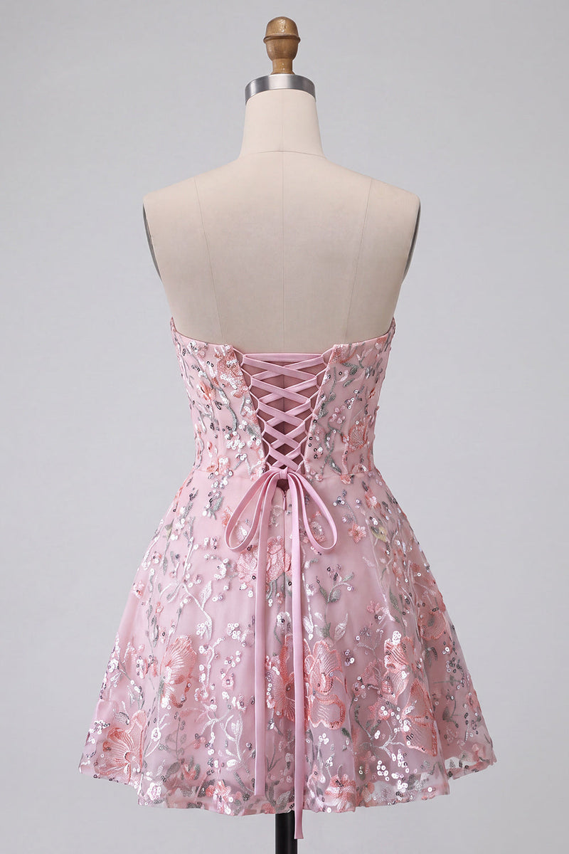 Load image into Gallery viewer, Sparkly Blush Sequin Floral A Line Mini Cocktail Dress