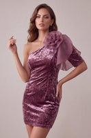 Load image into Gallery viewer, Vintage Mauve One Shoulder Velvet Short Cocktail Dress with 3D Flower