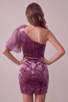 Load image into Gallery viewer, Vintage Mauve One Shoulder Velvet Short Cocktail Dress with 3D Flower