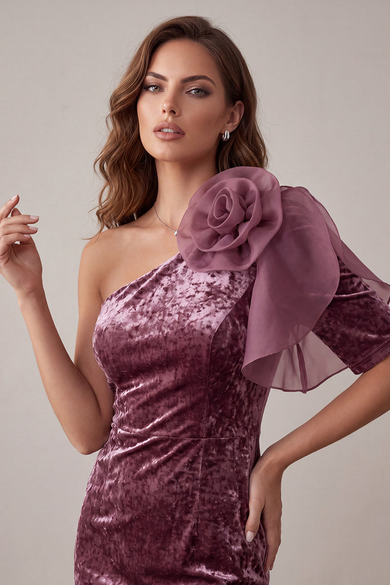 Load image into Gallery viewer, Vintage Mauve One Shoulder Velvet Short Cocktail Dress with 3D Flower
