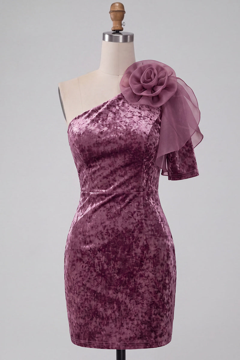 Load image into Gallery viewer, Vintage Mauve One Shoulder Velvet Short Cocktail Dress with 3D Flower