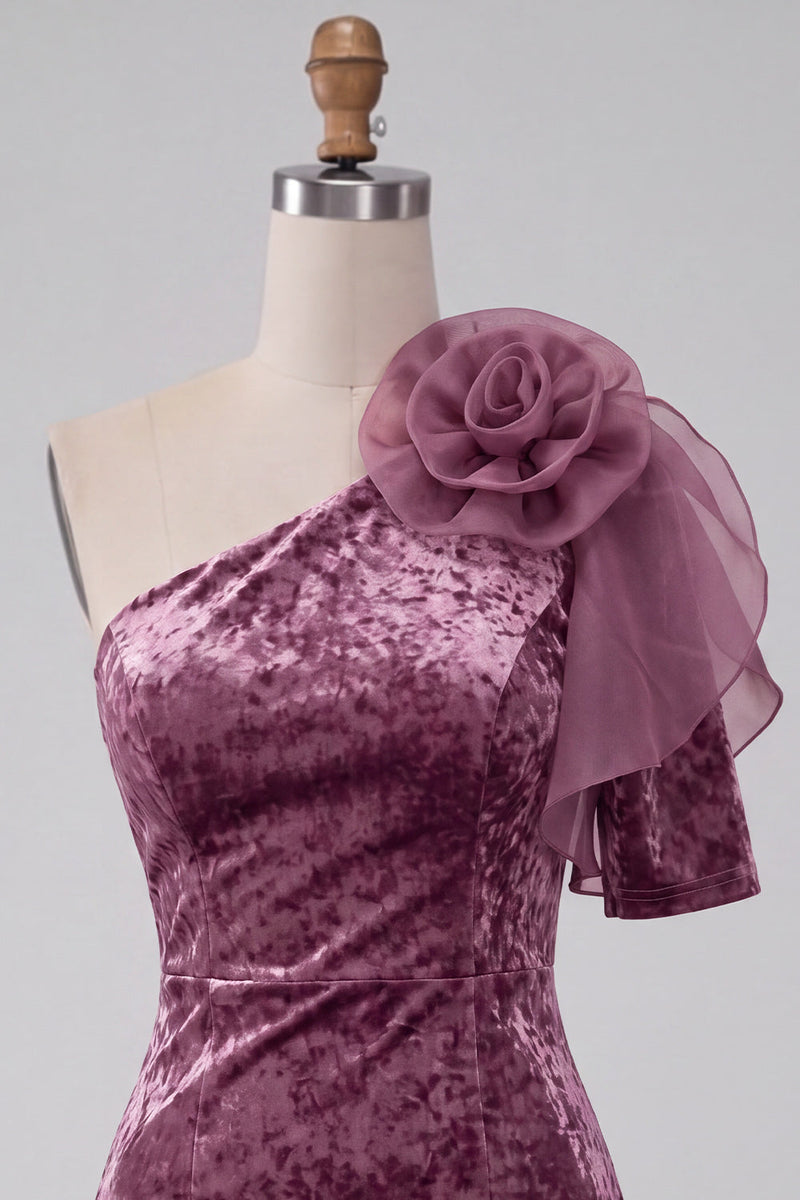 Load image into Gallery viewer, Vintage Mauve One Shoulder Velvet Short Cocktail Dress with 3D Flower