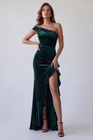 Load image into Gallery viewer, Sparkly Dark Green Ruffled Beaded Velvet Long Evening Dress with Slit