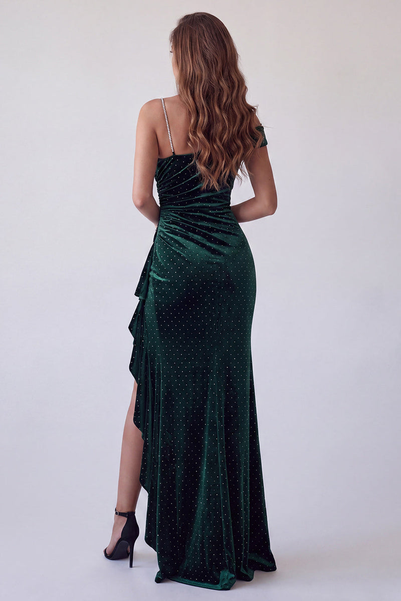 Load image into Gallery viewer, Sparkly Dark Green Ruffled Beaded Velvet Long Evening Dress with Slit