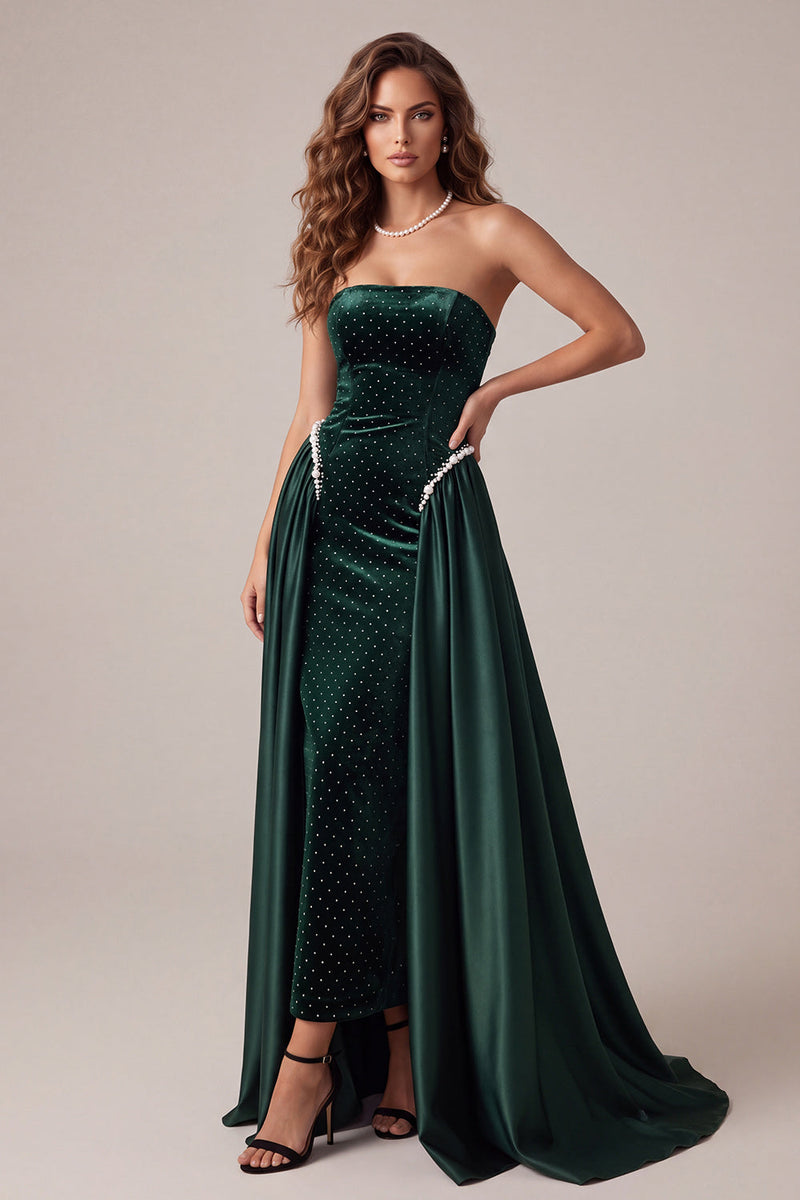 Load image into Gallery viewer, Sparkly Dark Green Beaded Velvet Strapless Long Evening Dress with Cape