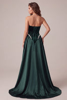Load image into Gallery viewer, Sparkly Dark Green Beaded Velvet Strapless Long Evening Dress with Cape