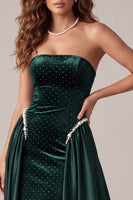 Load image into Gallery viewer, Sparkly Dark Green Beaded Velvet Strapless Long Evening Dress with Cape