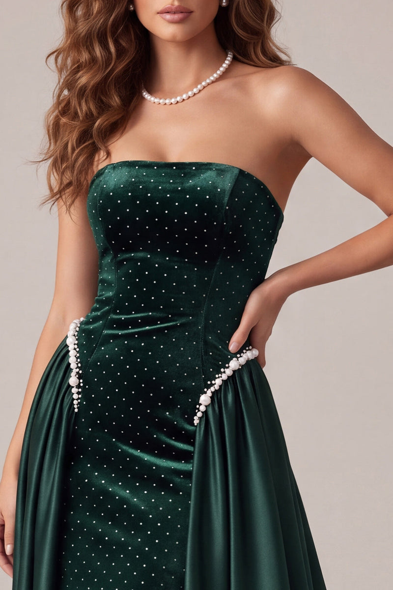 Load image into Gallery viewer, Sparkly Dark Green Beaded Velvet Strapless Long Evening Dress with Cape