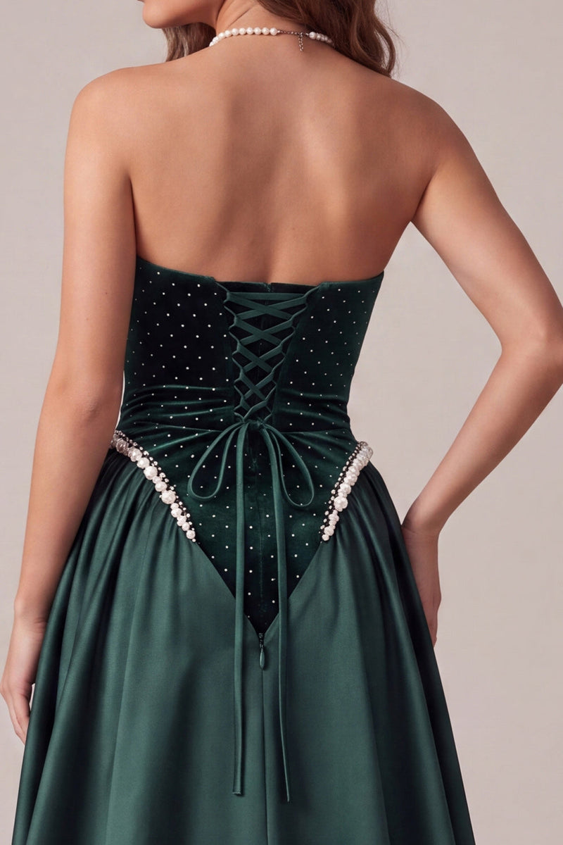Load image into Gallery viewer, Sparkly Dark Green Beaded Velvet Strapless Long Evening Dress with Cape