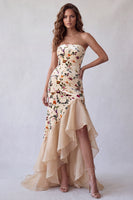 Load image into Gallery viewer, Champagne Mermaid Velvet Strapless Floral Long Evening Dress with Slit