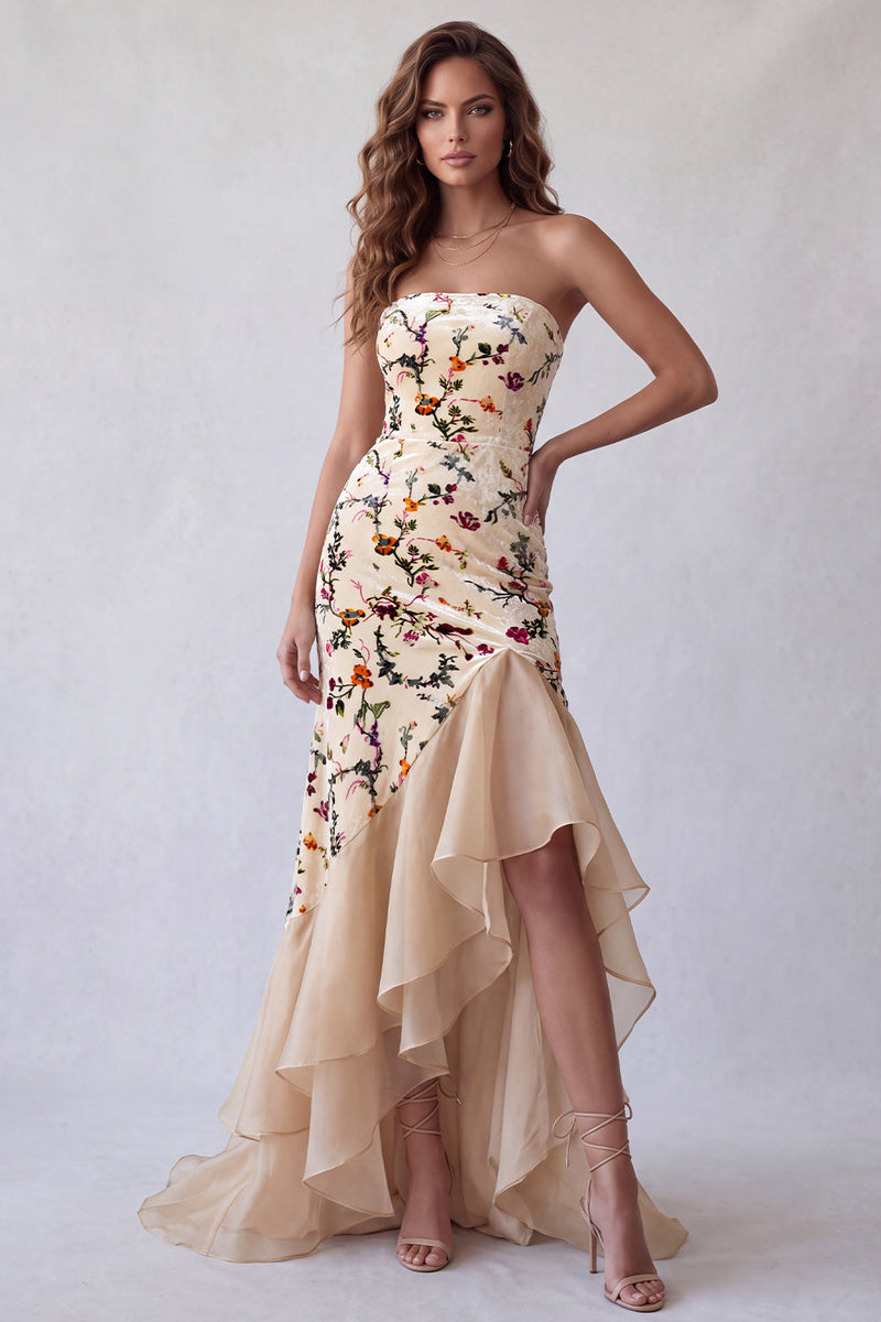 Load image into Gallery viewer, Champagne Mermaid Velvet Strapless Floral Long Evening Dress with Slit