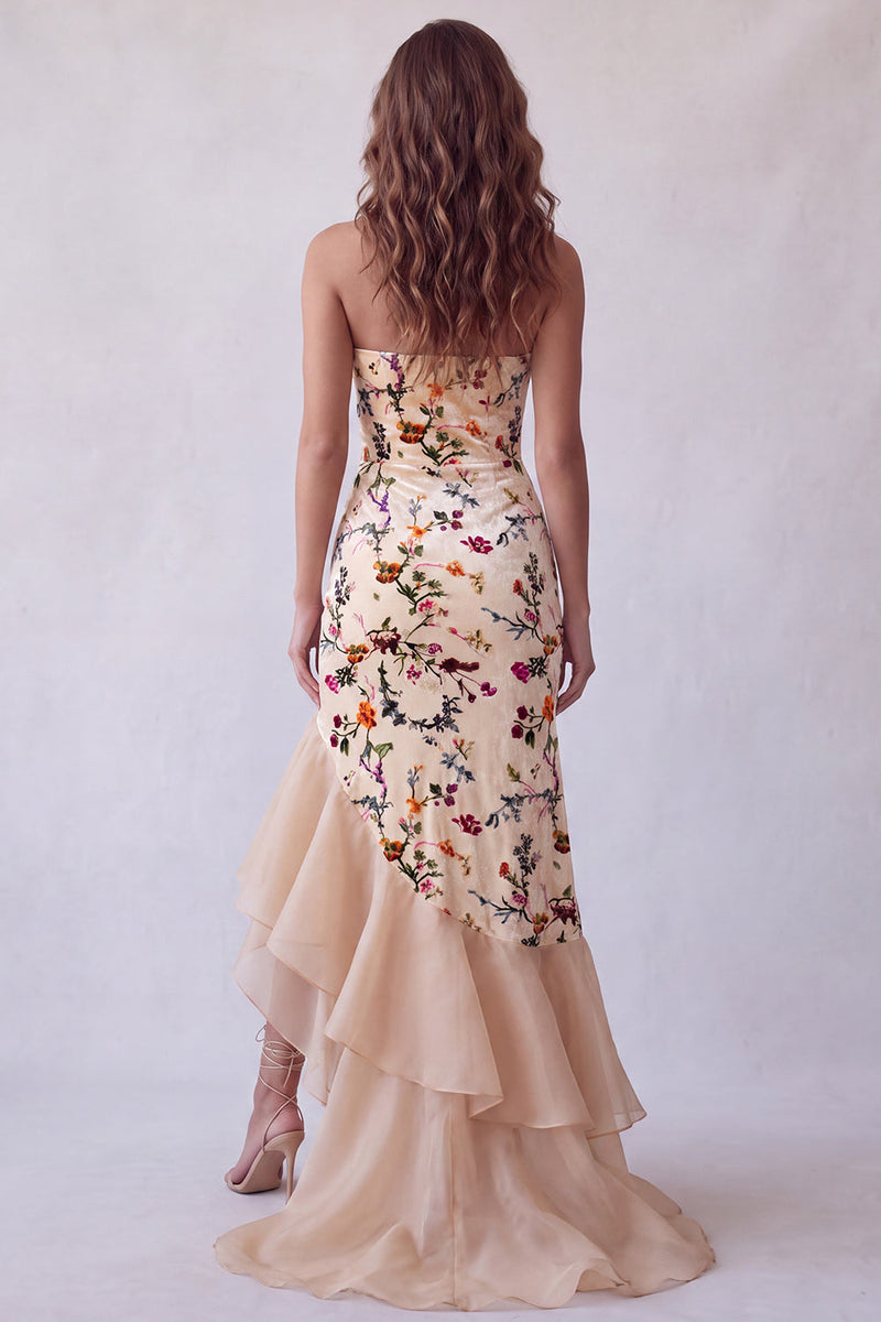 Load image into Gallery viewer, Champagne Mermaid Velvet Strapless Floral Long Evening Dress with Slit
